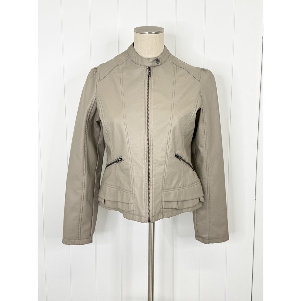 Maralyn & Me Taupe Faux Leather Ruffle Peplum Jacket Women Size L Moto Y2K Retro
